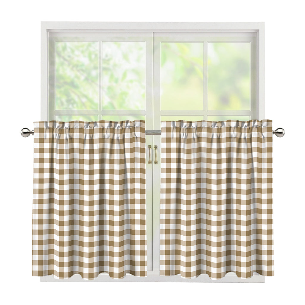 Tan And White Gingham Pattern Print Tier Curtains
