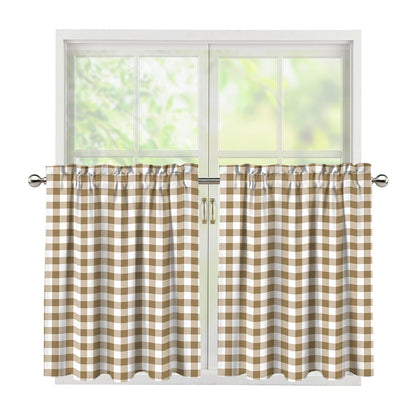 Tan And White Gingham Pattern Print Tier Curtains