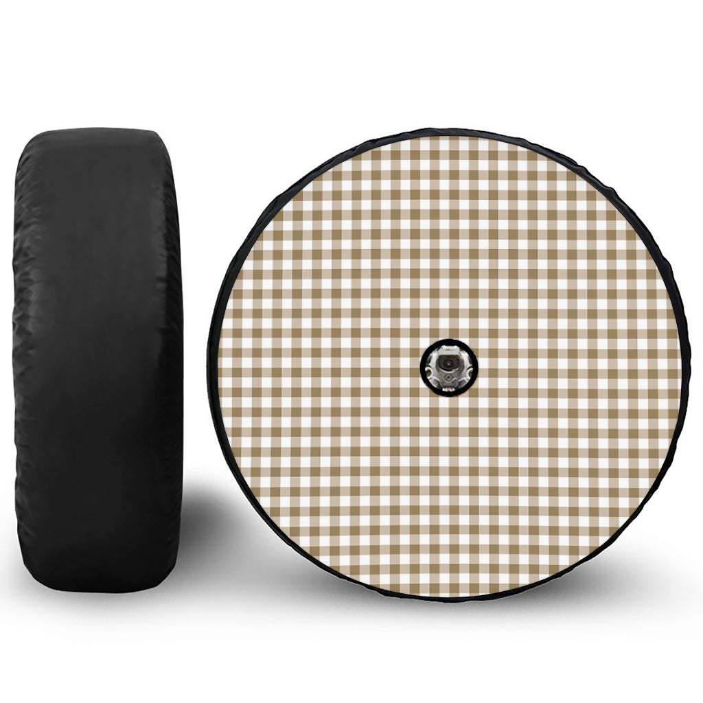 Tan And White Gingham Pattern Print Tire Cover With Camera Hole