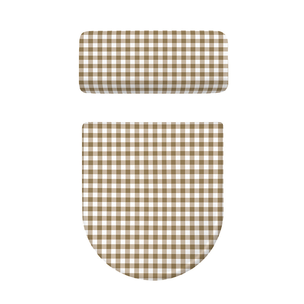 Tan And White Gingham Pattern Print Toilet Lid And Tank Cover Set