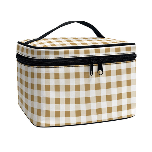Tan And White Gingham Pattern Print Travel Makeup Bag