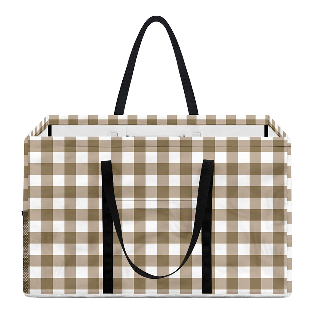 Tan And White Gingham Pattern Print Utility Tote Bag