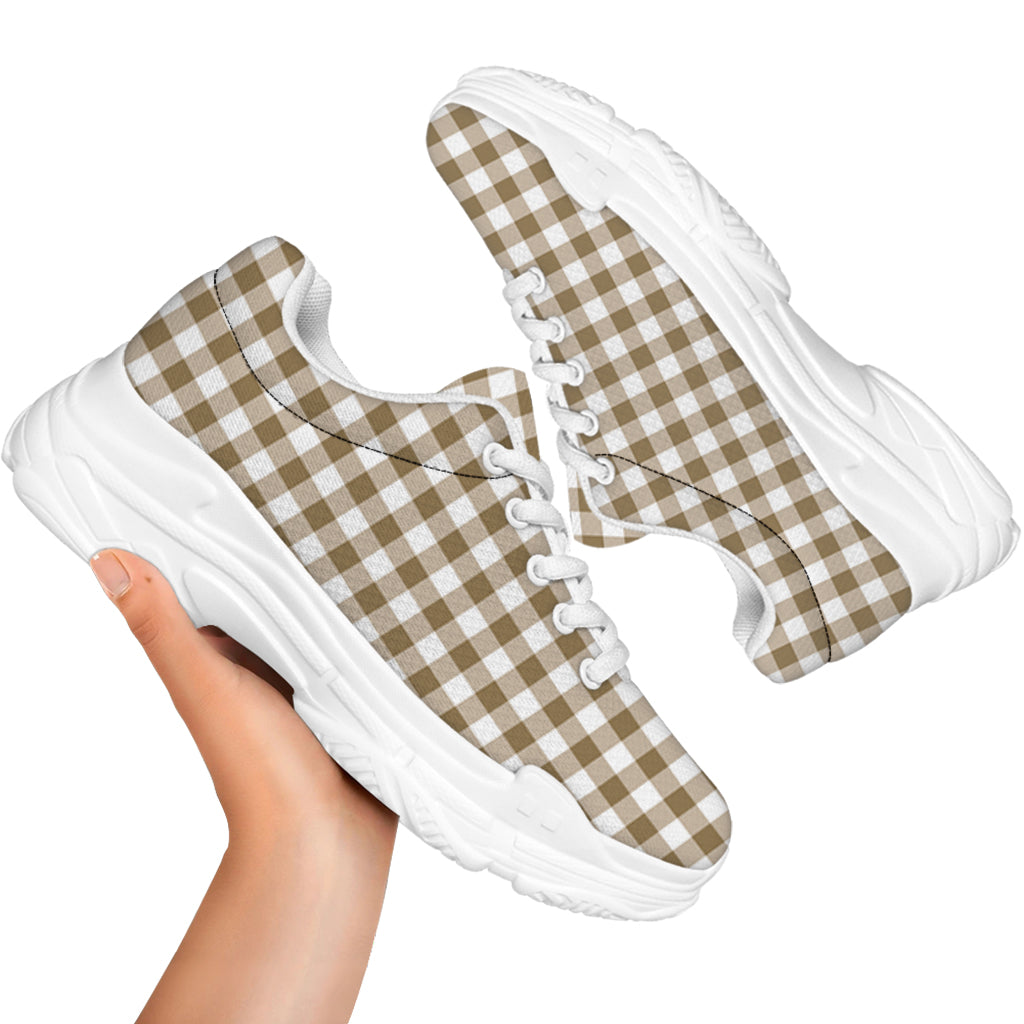 Tan And White Gingham Pattern Print White Chunky Shoes