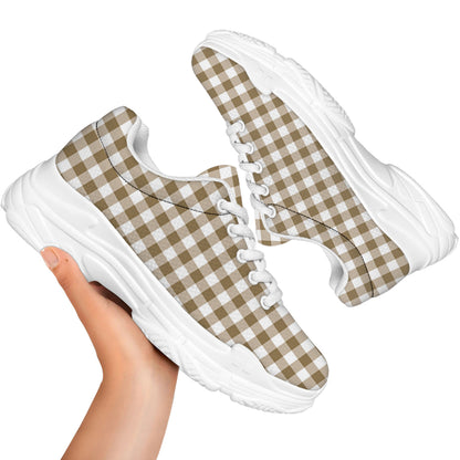 Tan And White Gingham Pattern Print White Chunky Shoes
