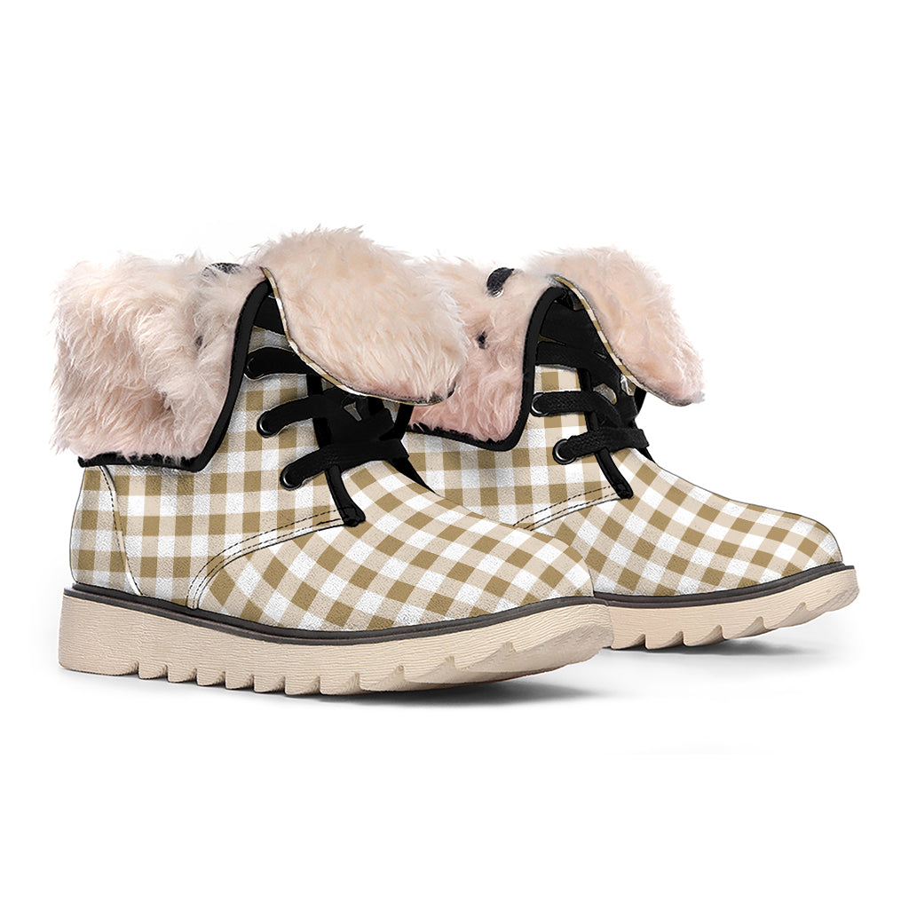 Tan And White Gingham Pattern Print Winter Boots