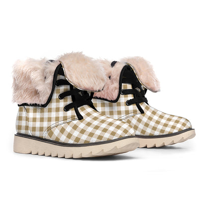 Tan And White Gingham Pattern Print Winter Boots