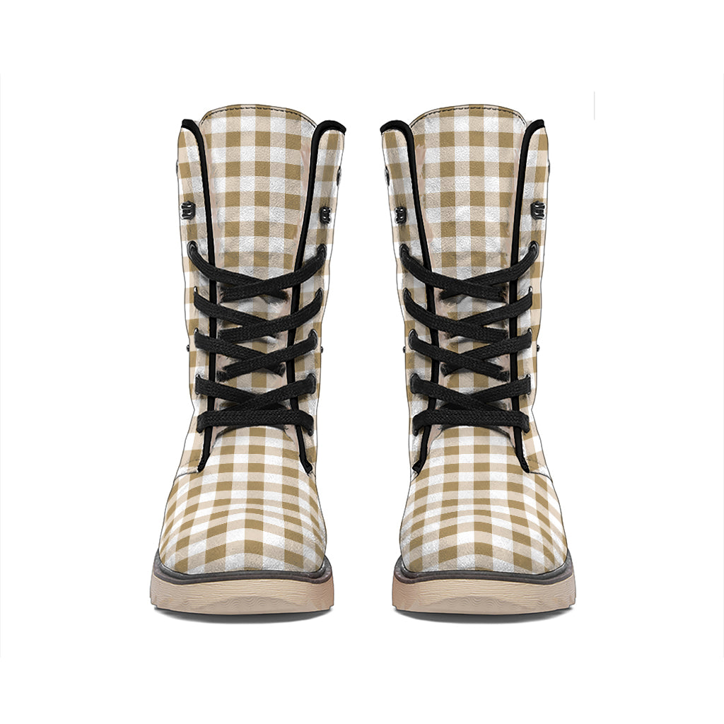 Tan And White Gingham Pattern Print Winter Boots