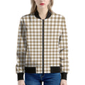 Tan And White Gingham Pattern Print Women's Bomber Jacket