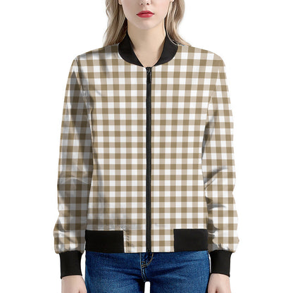 Tan And White Gingham Pattern Print Women's Bomber Jacket