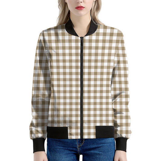 Tan And White Gingham Pattern Print Women's Bomber Jacket