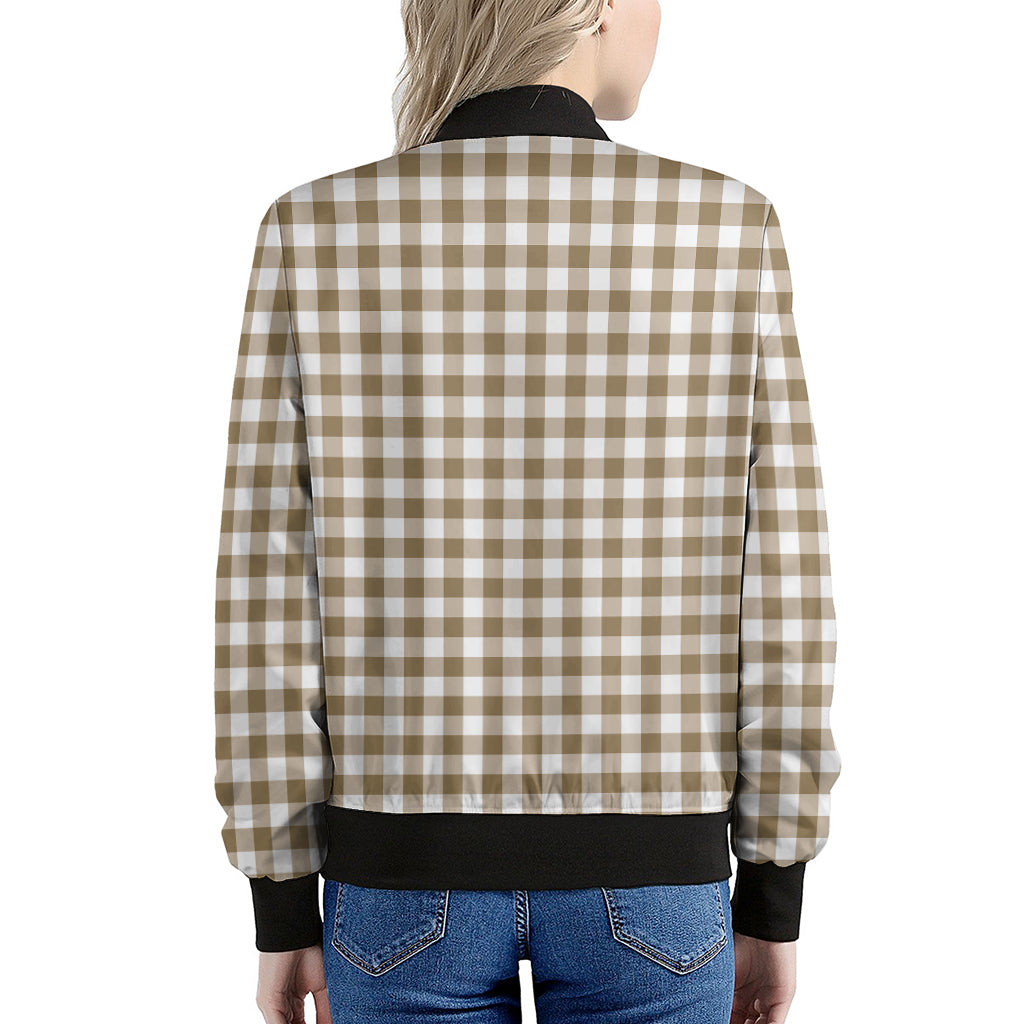 Tan And White Gingham Pattern Print Women's Bomber Jacket