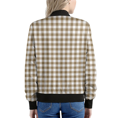 Tan And White Gingham Pattern Print Women's Bomber Jacket
