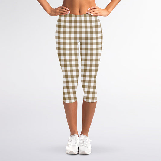 Tan And White Gingham Pattern Print Women's Capri Leggings