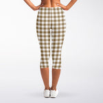 Tan And White Gingham Pattern Print Women's Capri Leggings