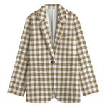 Tan And White Gingham Pattern Print Women's Cotton Blazer