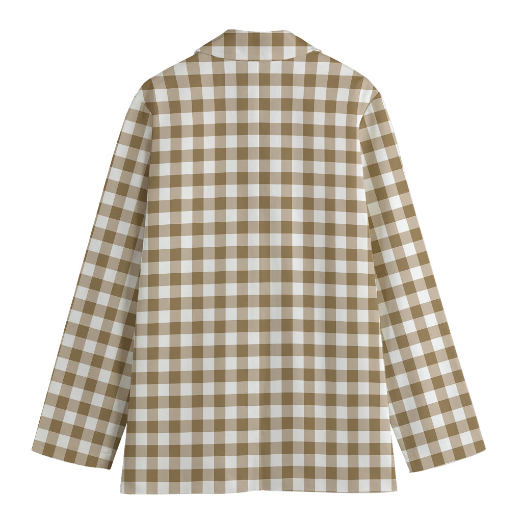 Tan And White Gingham Pattern Print Women's Cotton Blazer