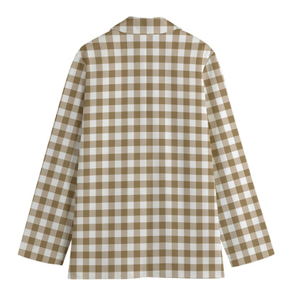 Tan And White Gingham Pattern Print Women's Cotton Blazer