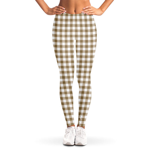 Tan And White Gingham Pattern Print Women's Leggings
