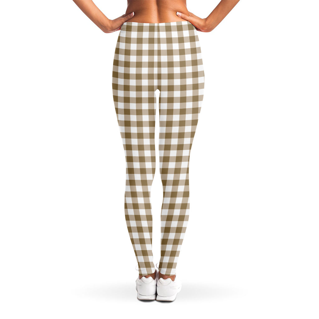 Tan And White Gingham Pattern Print Women's Leggings