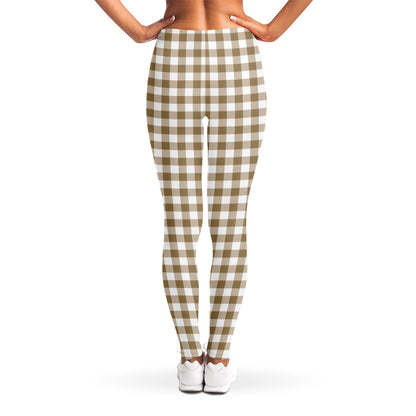 Tan And White Gingham Pattern Print Women's Leggings