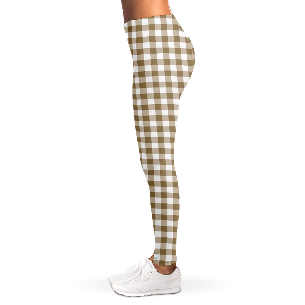 Tan And White Gingham Pattern Print Women's Leggings