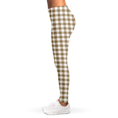 Tan And White Gingham Pattern Print Women's Leggings