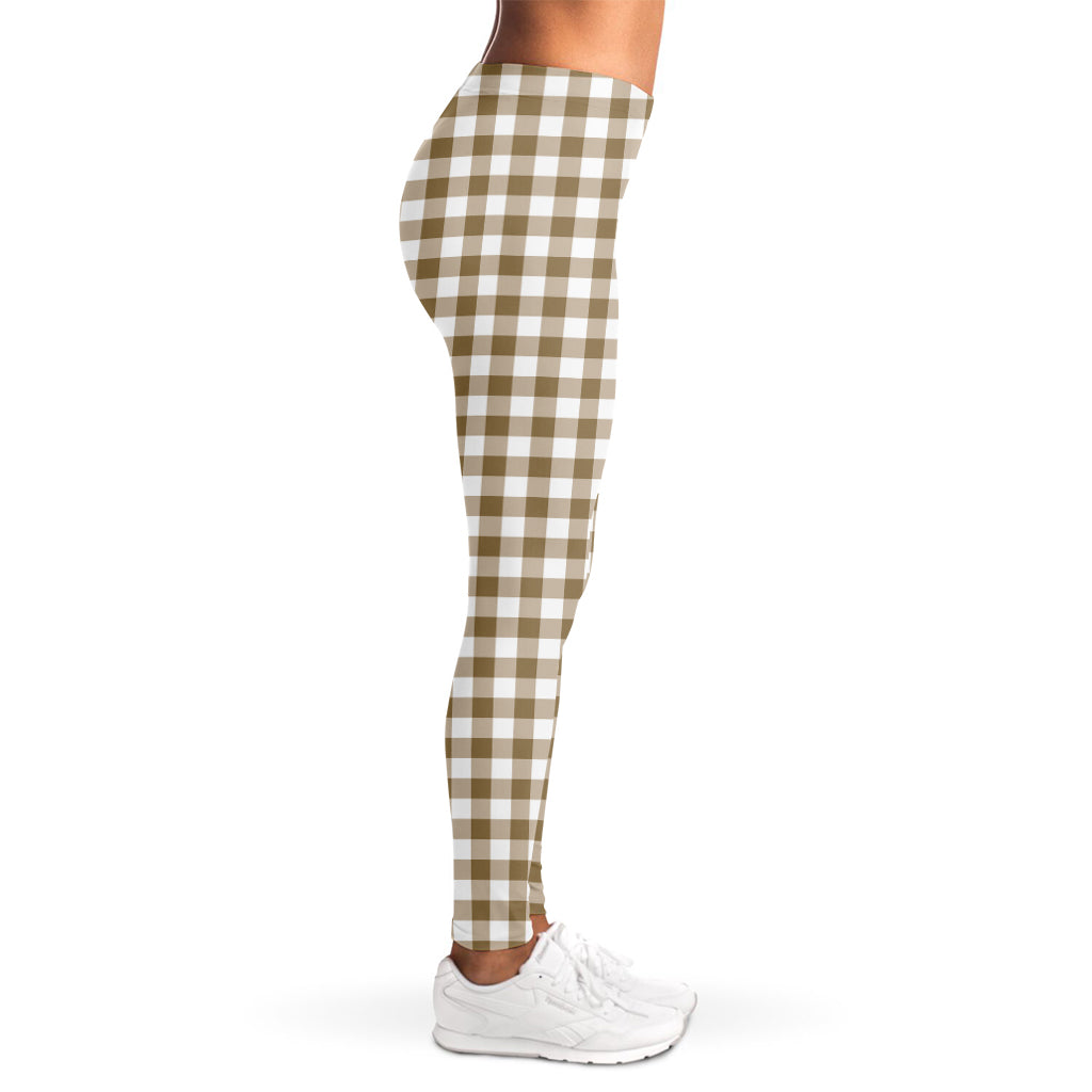 Tan And White Gingham Pattern Print Women's Leggings