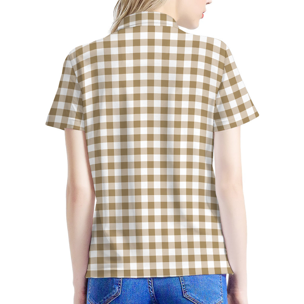 Tan And White Gingham Pattern Print Women's Polo Shirt