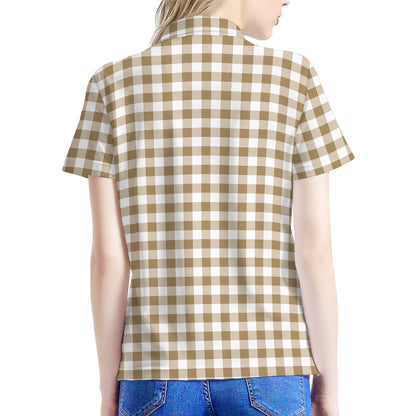 Tan And White Gingham Pattern Print Women's Polo Shirt