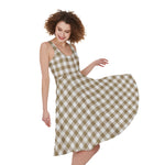 Tan And White Gingham Pattern Print Women's Sleeveless Dress
