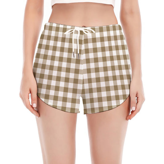 Tan And White Gingham Pattern Print Women's Split Running Shorts