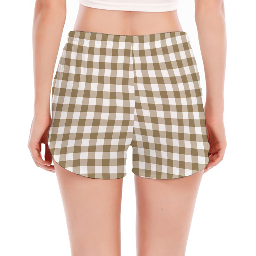 Tan And White Gingham Pattern Print Women's Split Running Shorts