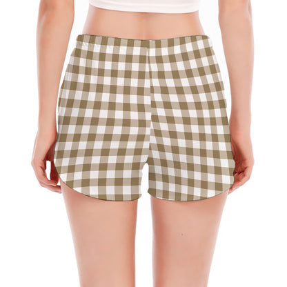 Tan And White Gingham Pattern Print Women's Split Running Shorts