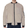Tan And White Gingham Pattern Print Zip Sleeve Bomber Jacket