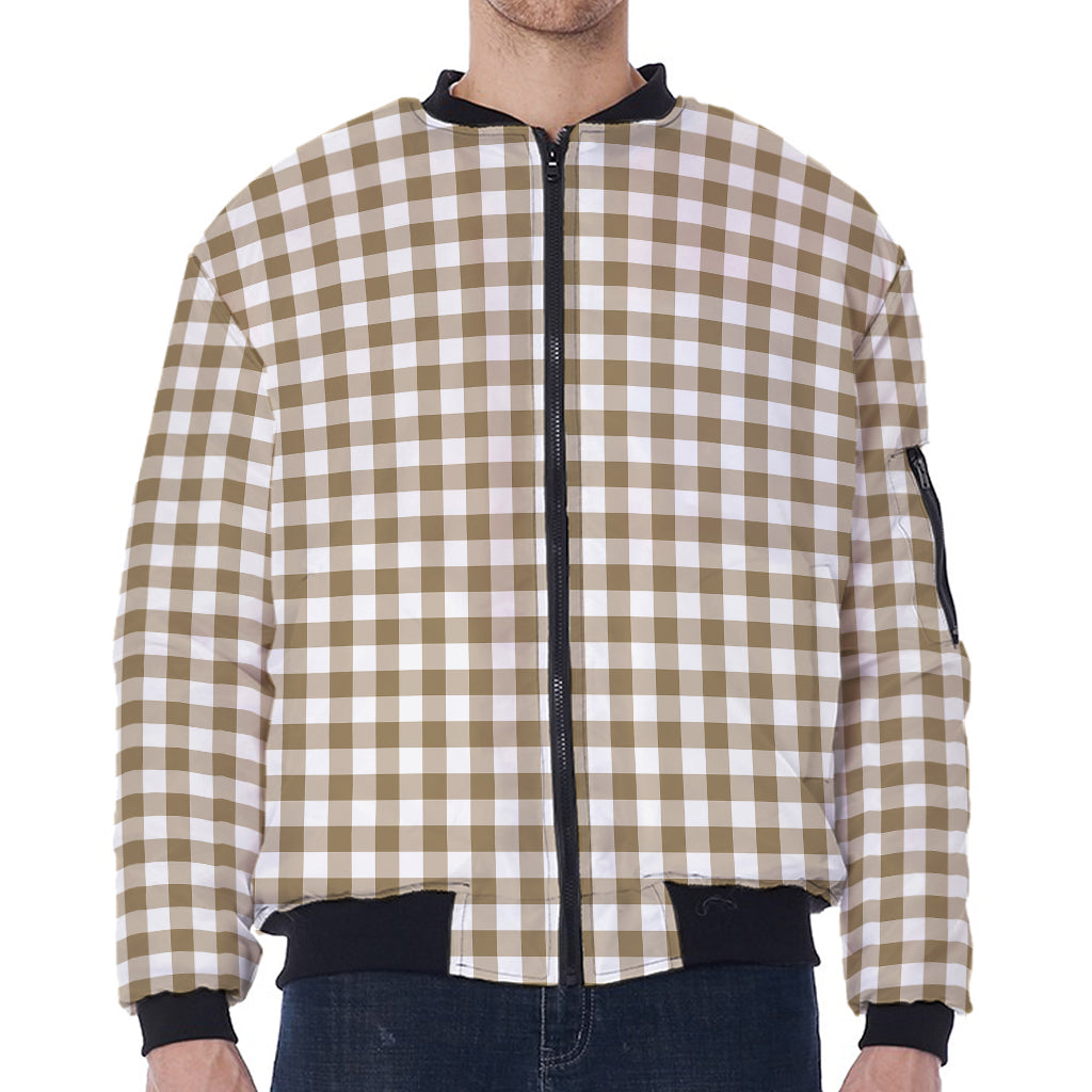 Tan And White Gingham Pattern Print Zip Sleeve Bomber Jacket