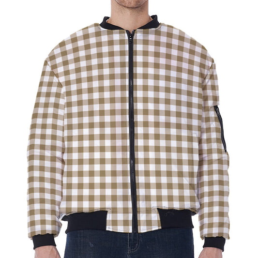 Tan And White Gingham Pattern Print Zip Sleeve Bomber Jacket
