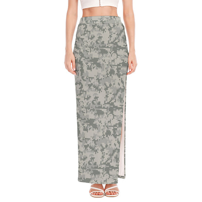 Tan Digital Camo Pattern Print High Slit Maxi Skirt