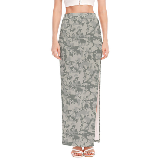 Tan Digital Camo Pattern Print High Slit Maxi Skirt
