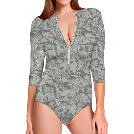 Tan Digital Camo Pattern Print Long Sleeve Swimsuit