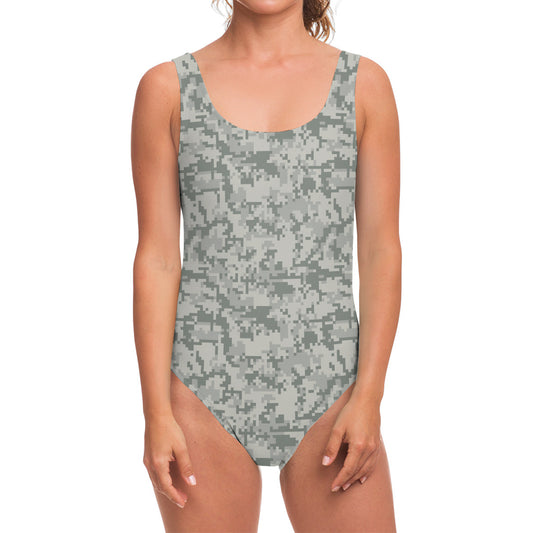 Tan Digital Camo Pattern Print One Piece Swimsuit