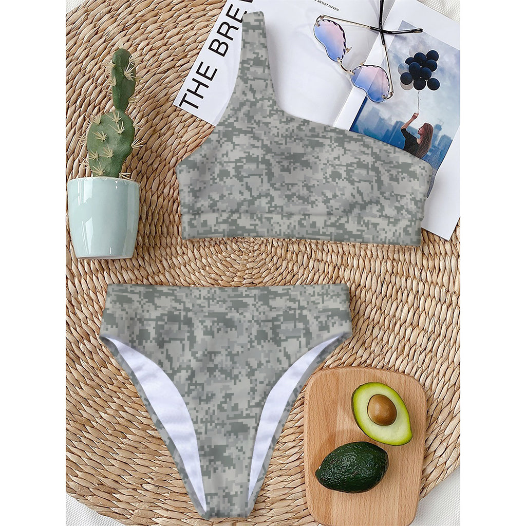 Tan Digital Camo Pattern Print One Shoulder Bikini Top