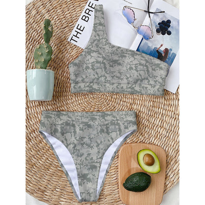 Tan Digital Camo Pattern Print One Shoulder Bikini Top