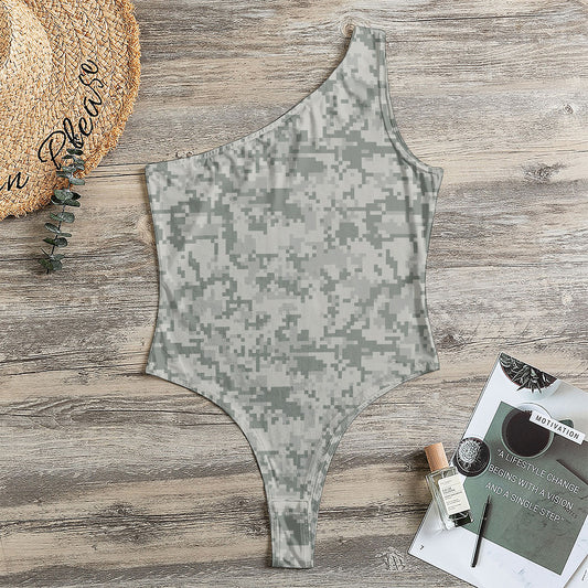 Tan Digital Camo Pattern Print One Shoulder Bodysuit