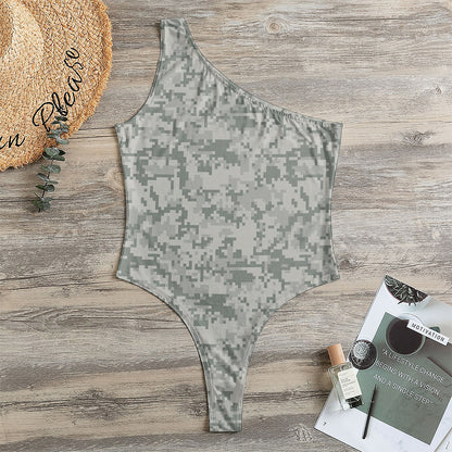 Tan Digital Camo Pattern Print One Shoulder Bodysuit