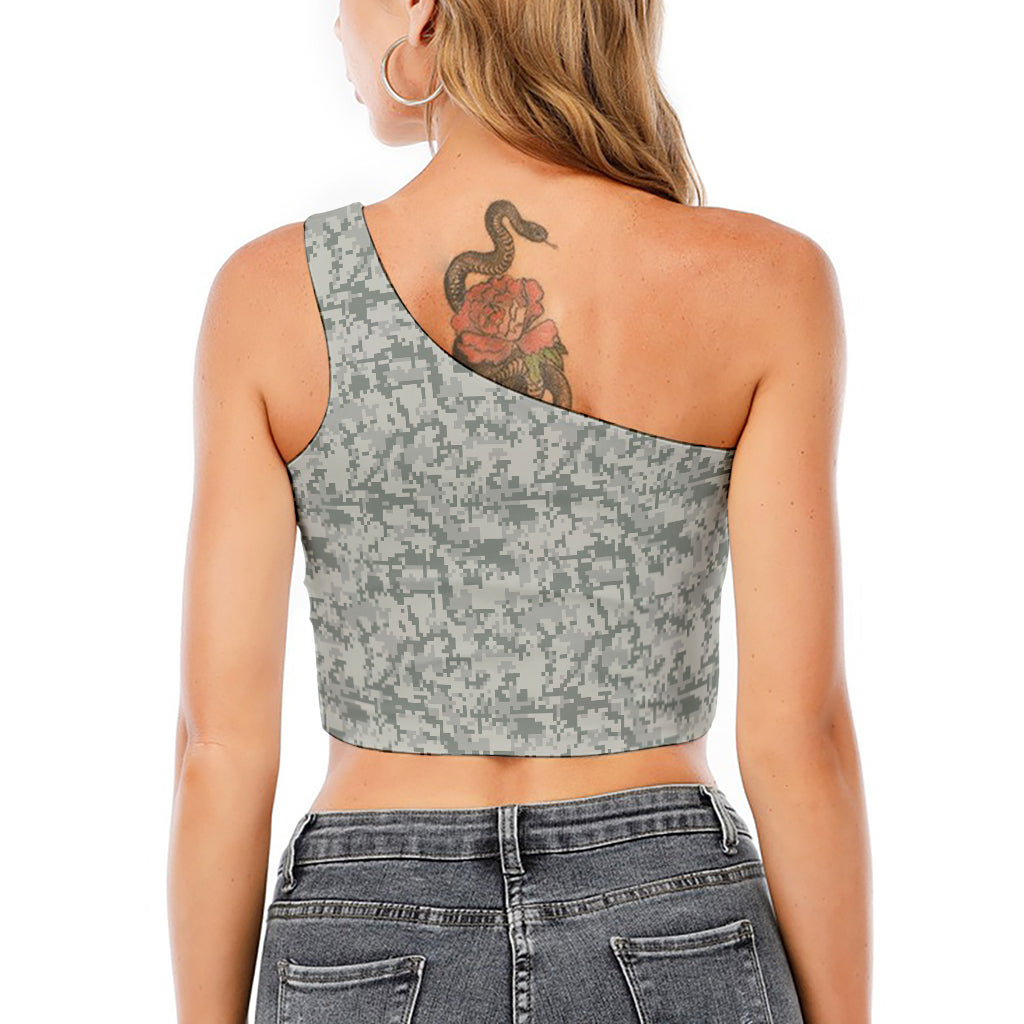 Tan Digital Camo Pattern Print One Shoulder Crop Top