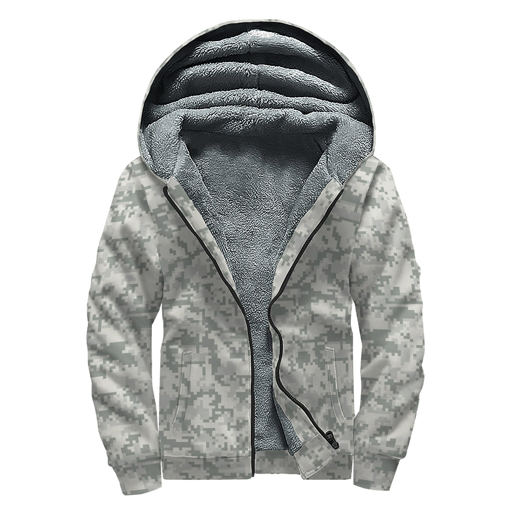 Tan Digital Camo Pattern Print Sherpa Lined Zip Up Hoodie