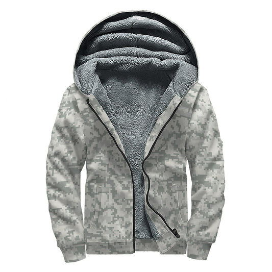 Tan Digital Camo Pattern Print Sherpa Lined Zip Up Hoodie