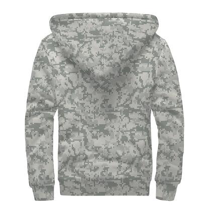 Tan Digital Camo Pattern Print Sherpa Lined Zip Up Hoodie