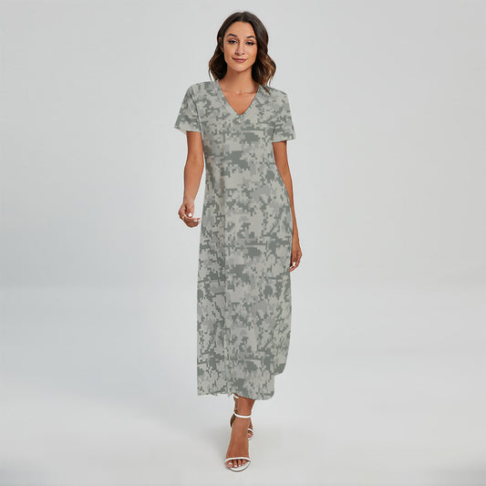 Tan Digital Camo Pattern Print Short Sleeve Maxi Dress