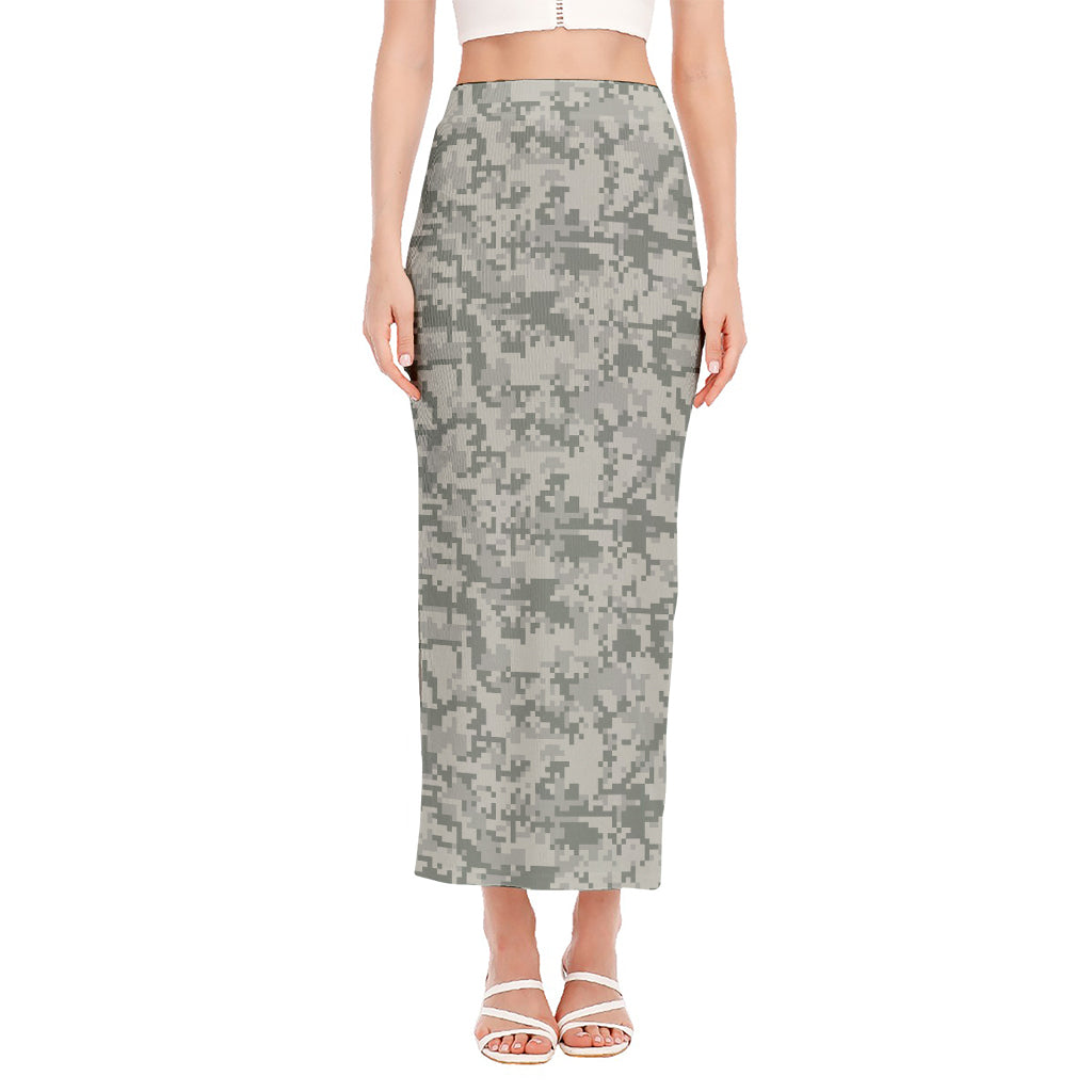 Tan Digital Camo Pattern Print Side Slit Maxi Skirt